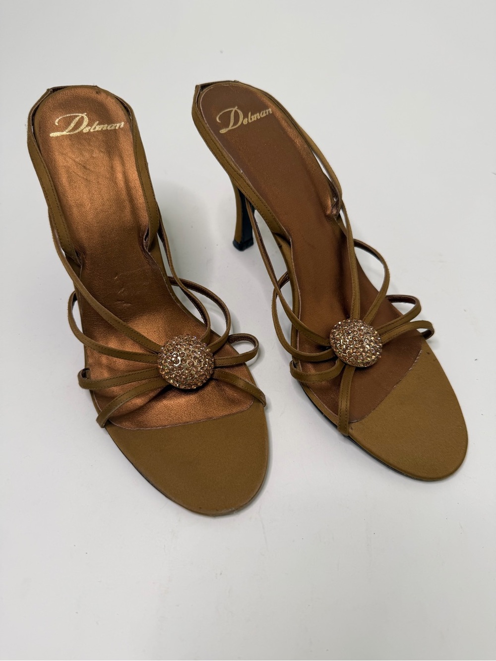 Delman Vintage Strappy Slingback Heels Bronze Satin Rhinestone Medallion Size 8